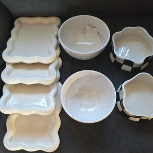 Set of White and Green Ceramic Bowls and Plates